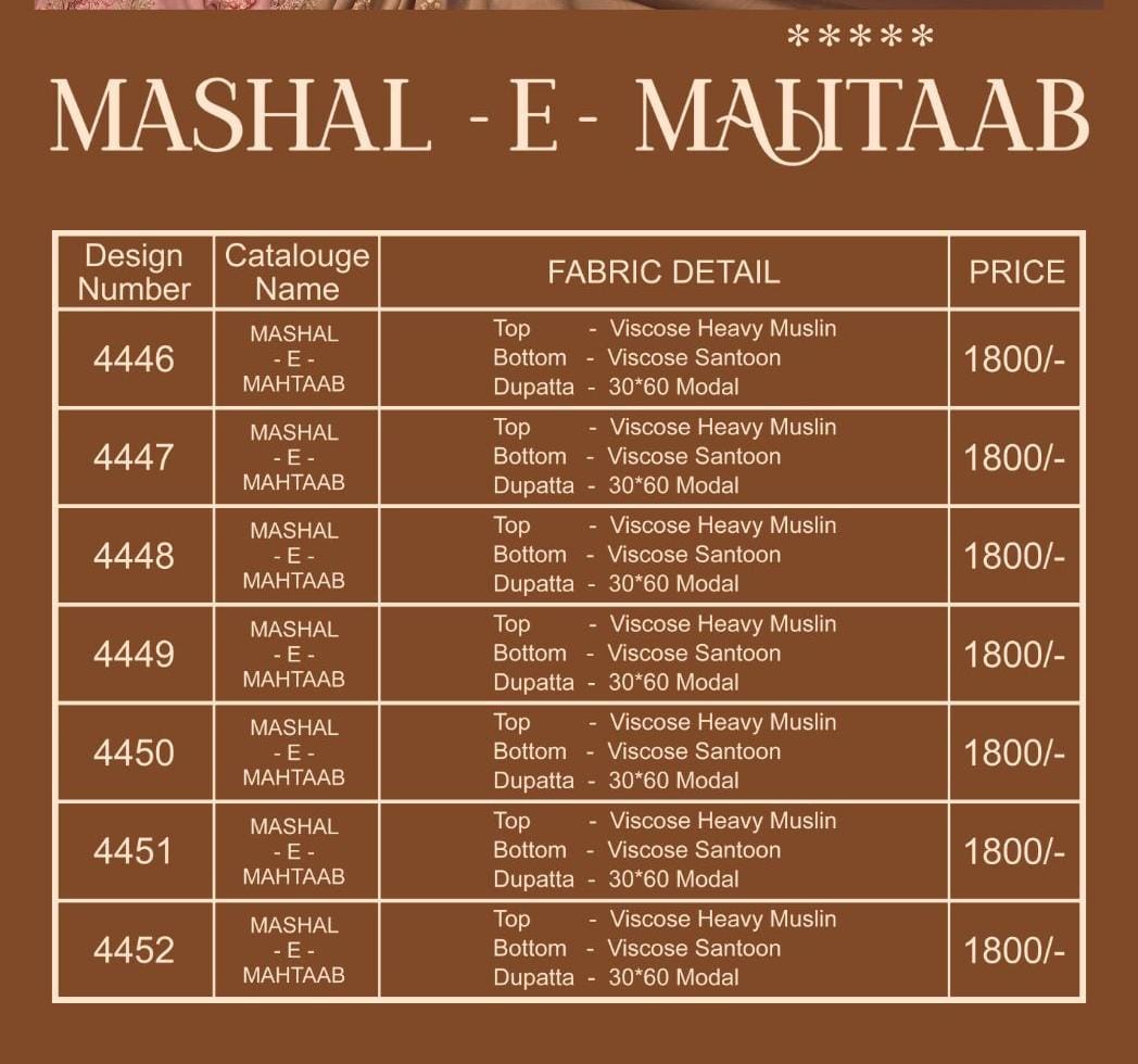 Mashal E Mahtaab Bela Fashion Viscose Pant Style Suits