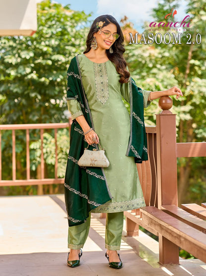 Masoom 2.0 Aanchi Crystal Silk Readymade Pant Style Suits Wholesaler Ahmedabad