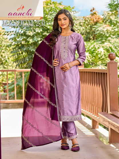 Masoom 2.0 Aanchi Crystal Silk Readymade Pant Style Suits Wholesaler Ahmedabad