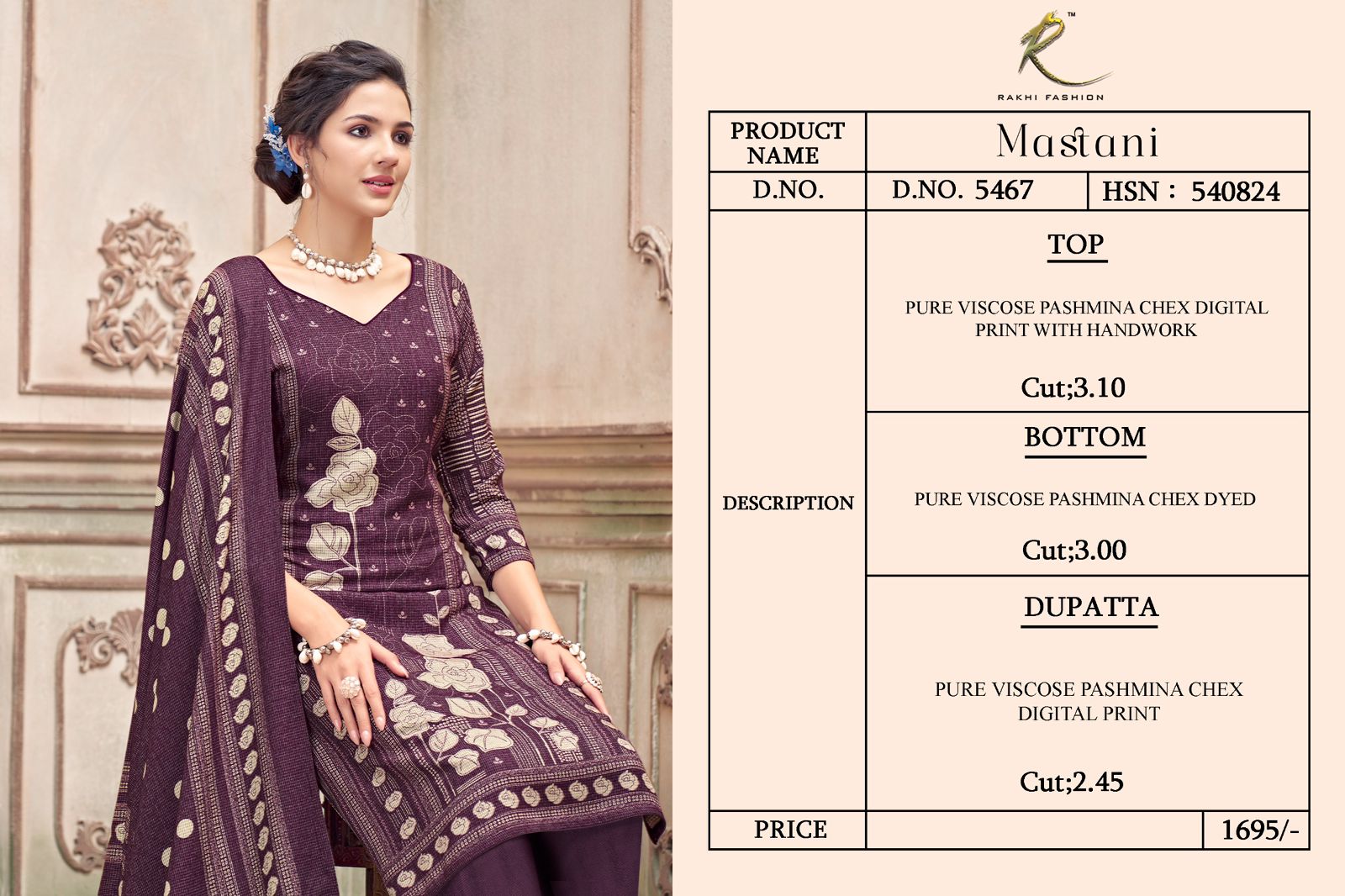 Mastani Rakhi Fashion Pure Viscose Pashmina Suits Supplier Ahmedabad