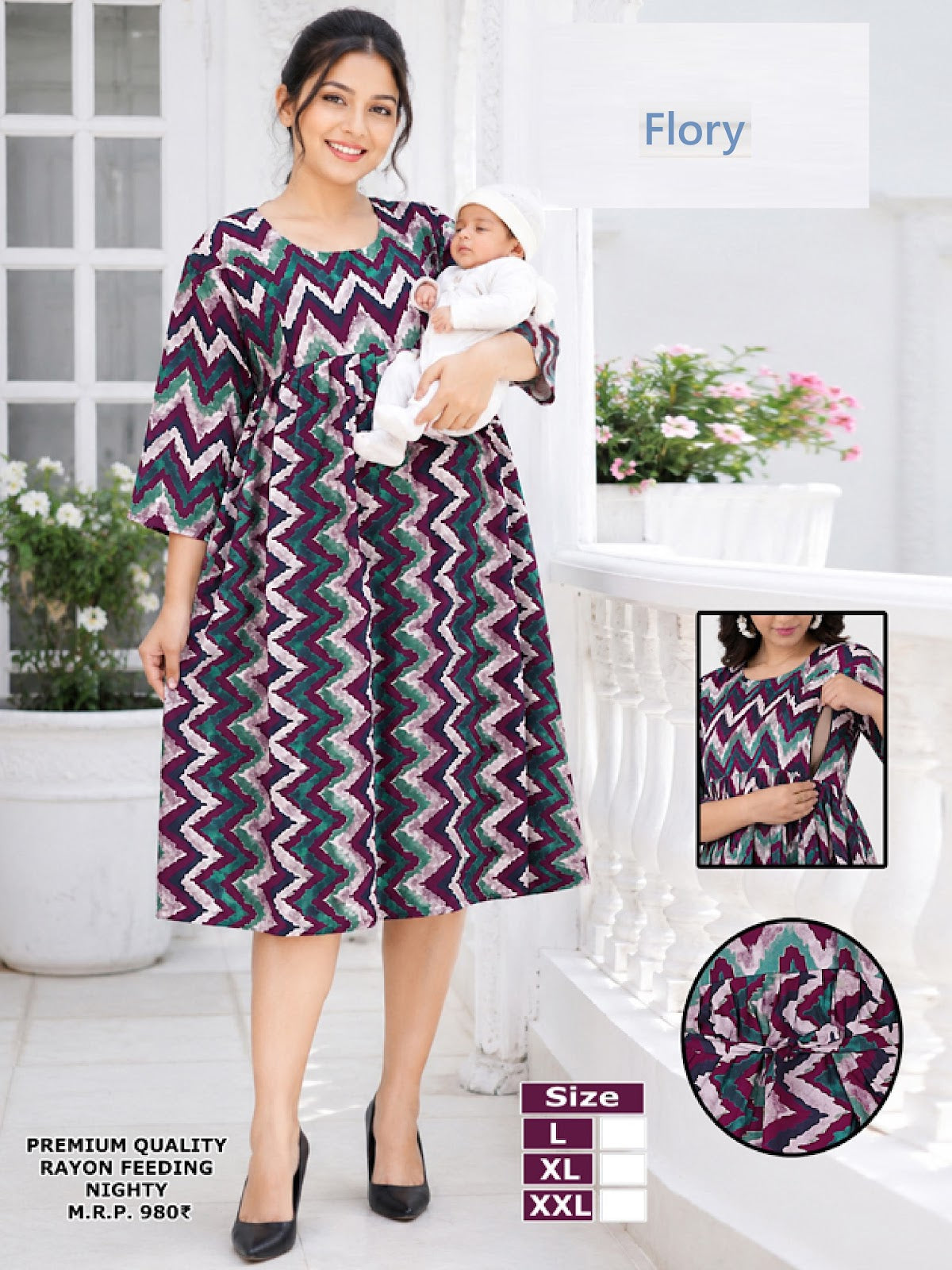Maternity Dress 2008 Flory Rayon Feeding Night Gown Wholesaler Gujarat