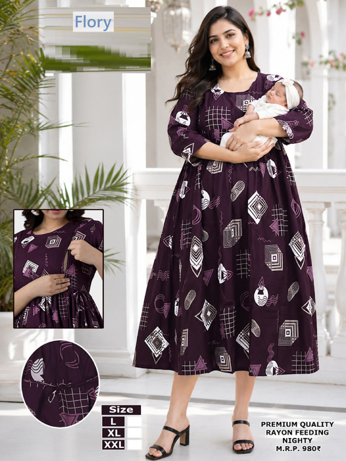 Maternity Dress 2008 Flory Rayon Feeding Night Gown Wholesaler Gujarat