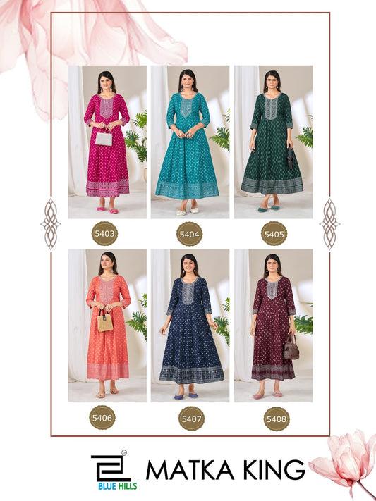 Matka King Blue Hills Rayon 14Kg Anarkali Kurtis Wholesale Rate