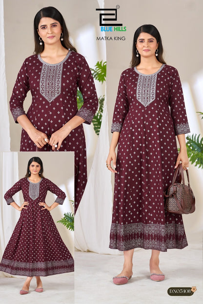 Matka King Blue Hills Rayon 14Kg Anarkali Kurtis Wholesale Rate