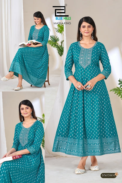 Matka King Blue Hills Rayon 14Kg Anarkali Kurtis Wholesale Rate