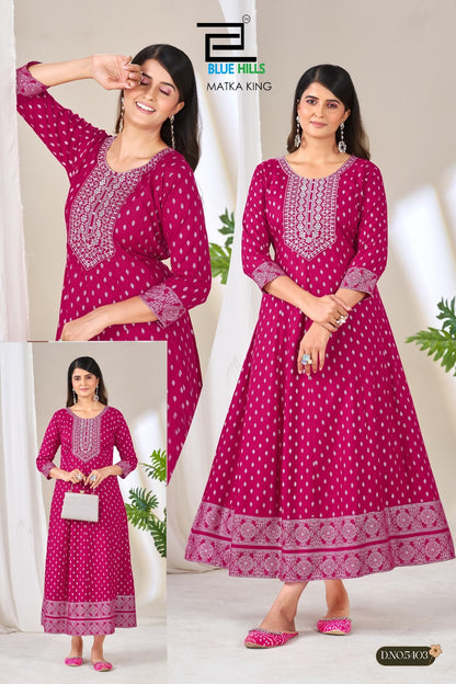 Matka King Blue Hills Rayon 14Kg Anarkali Kurtis Wholesale Rate
