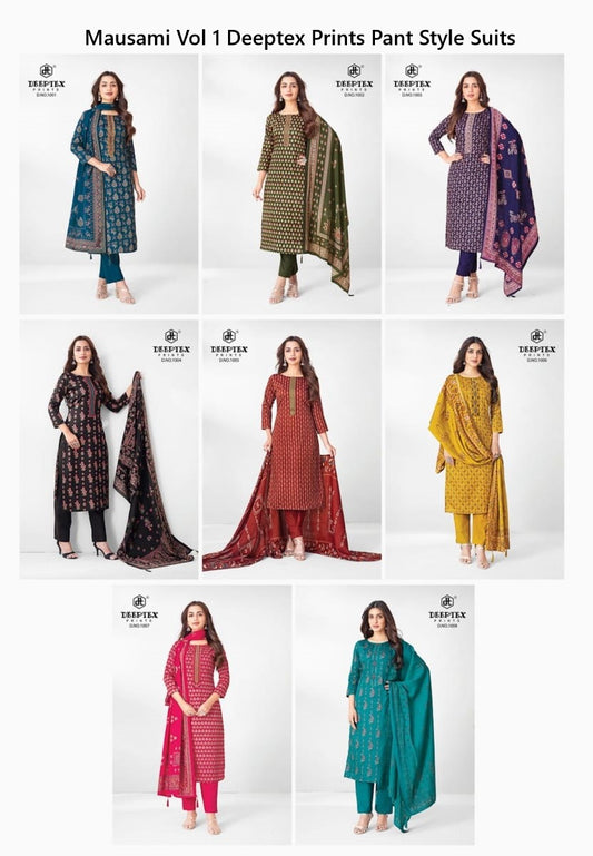 Mausami Vol 1 Deeptex Prints Jam Satin Pant Style Suits Supplier Ahmedabad