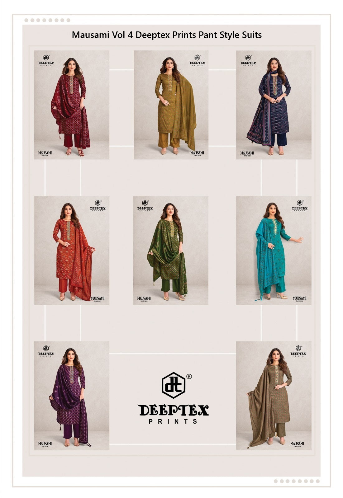 Mausami Vol 4 Deeptex Prints Jam Satin Pant Style Suits Wholesale Price