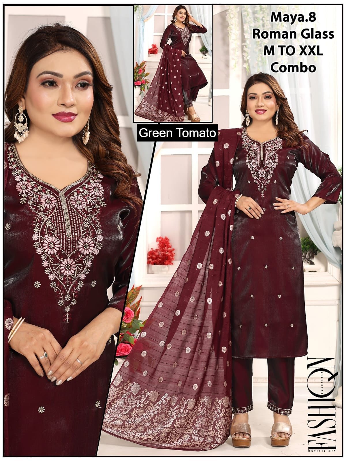 Maya Green Tomato Roman Readymade Pant Style Suits Wholesale