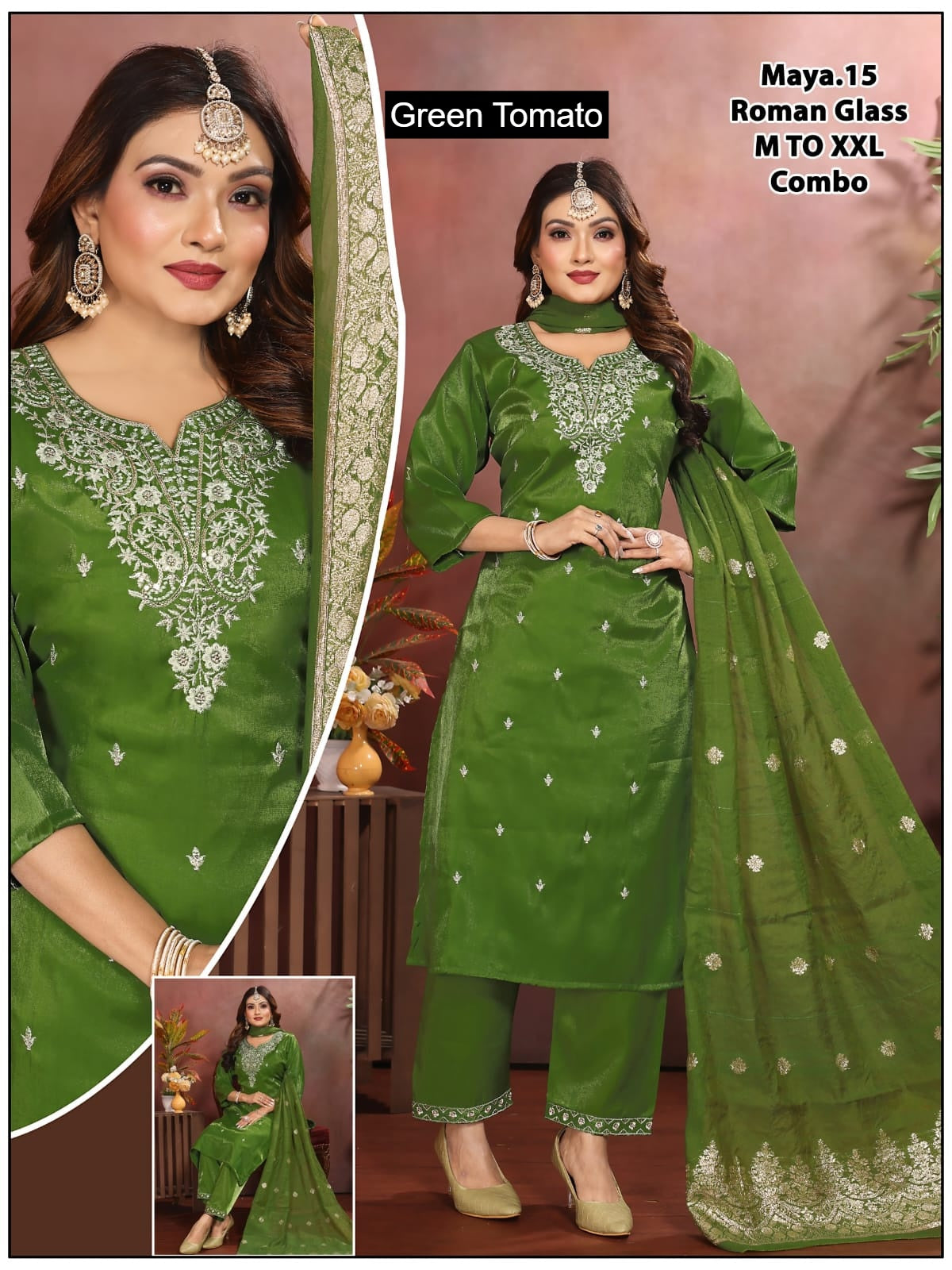 Maya Green Tomato Roman Readymade Pant Style Suits Wholesale
