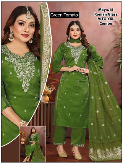Maya Green Tomato Roman Readymade Pant Style Suits Wholesale