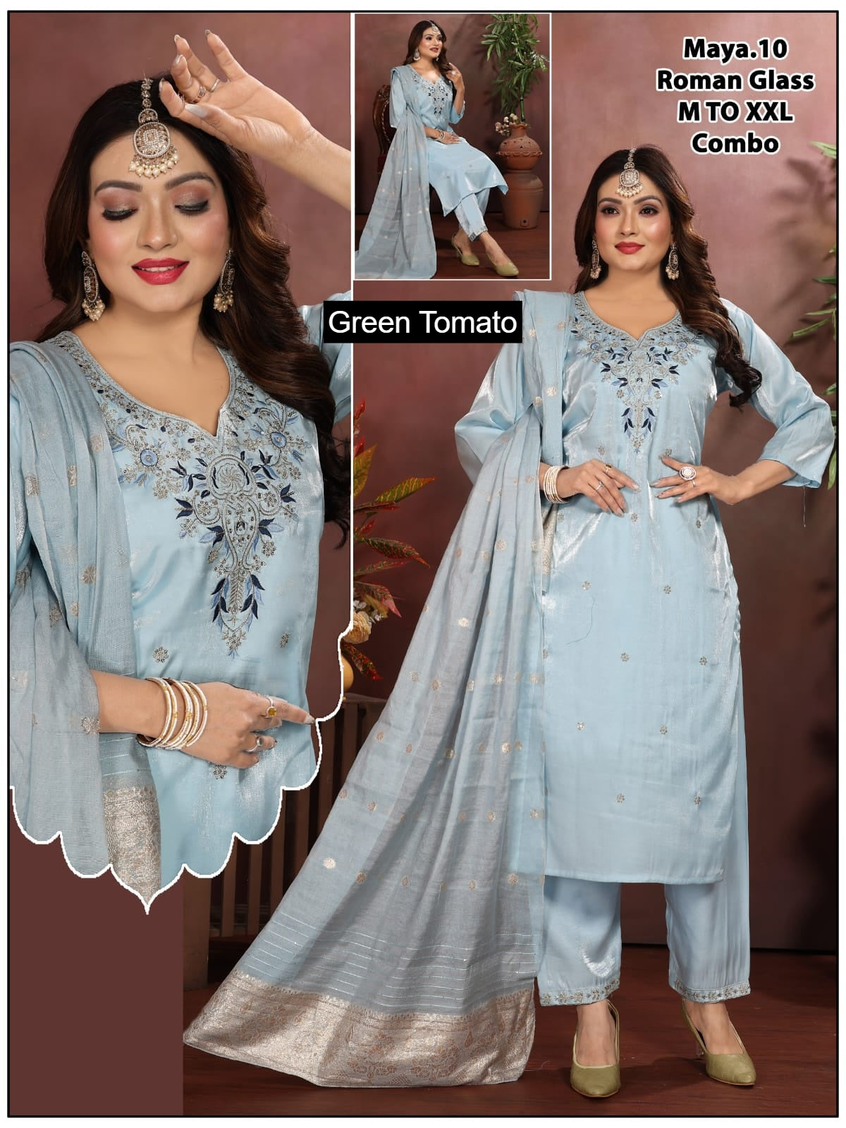 Maya Green Tomato Roman Readymade Pant Style Suits Wholesale