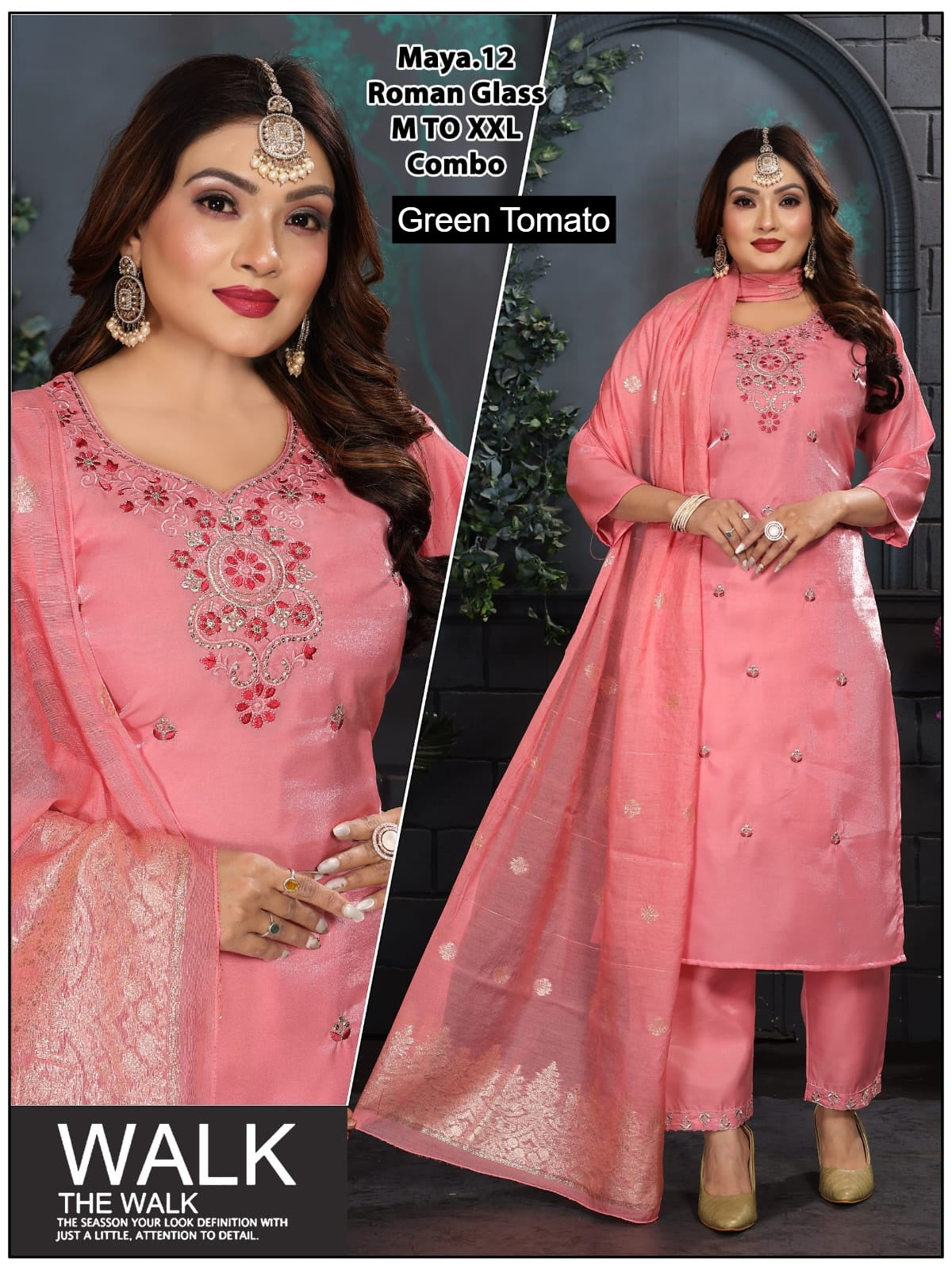 Maya Green Tomato Roman Readymade Pant Style Suits Wholesale