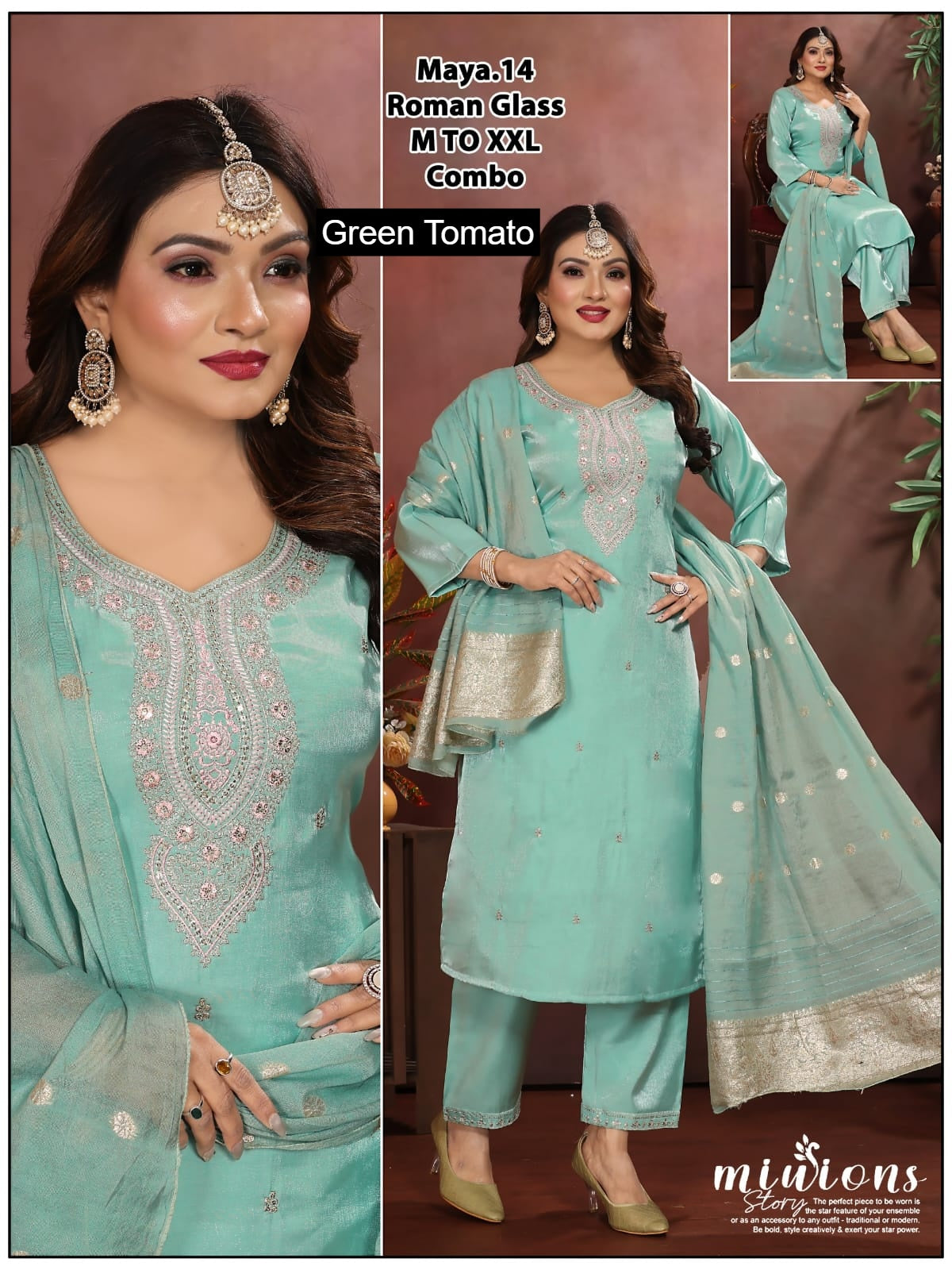 Maya Green Tomato Roman Readymade Pant Style Suits Wholesale
