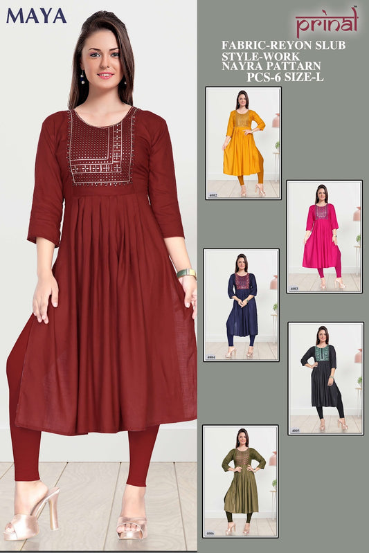 Maya Prinal Reyon Naira Cut Kurtis Supplier Gujarat