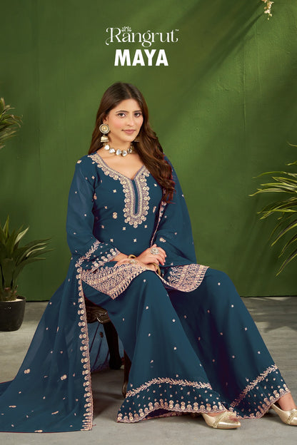 Maya Rangrut Banwery Georgette Readymade Plazzo Style Suits Wholesaler