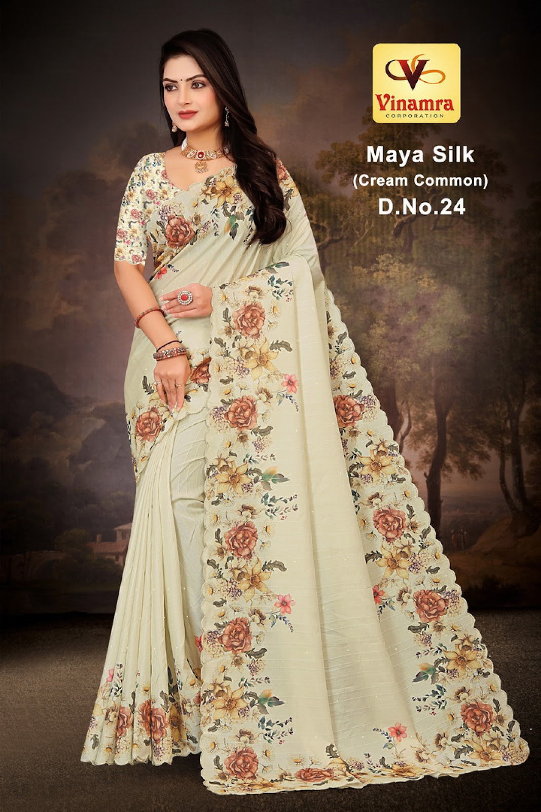 Maya Silk Cream Vinamra Cotton Silk Sarees Exporter India