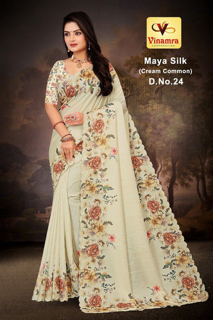 Maya Silk Cream Vinamra Cotton Silk Sarees Exporter India