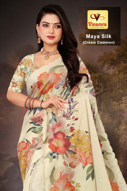 Maya Silk Cream Vinamra Cotton Silk Sarees Exporter India