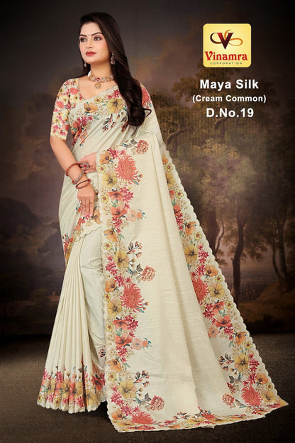 Maya Silk Cream Vinamra Cotton Silk Sarees Exporter India