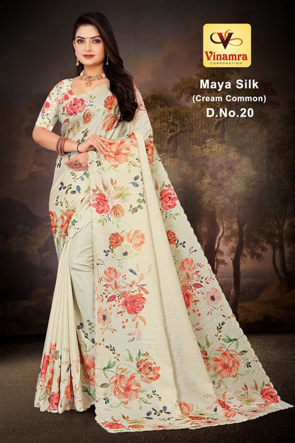 Maya Silk Cream Vinamra Cotton Silk Sarees Exporter India