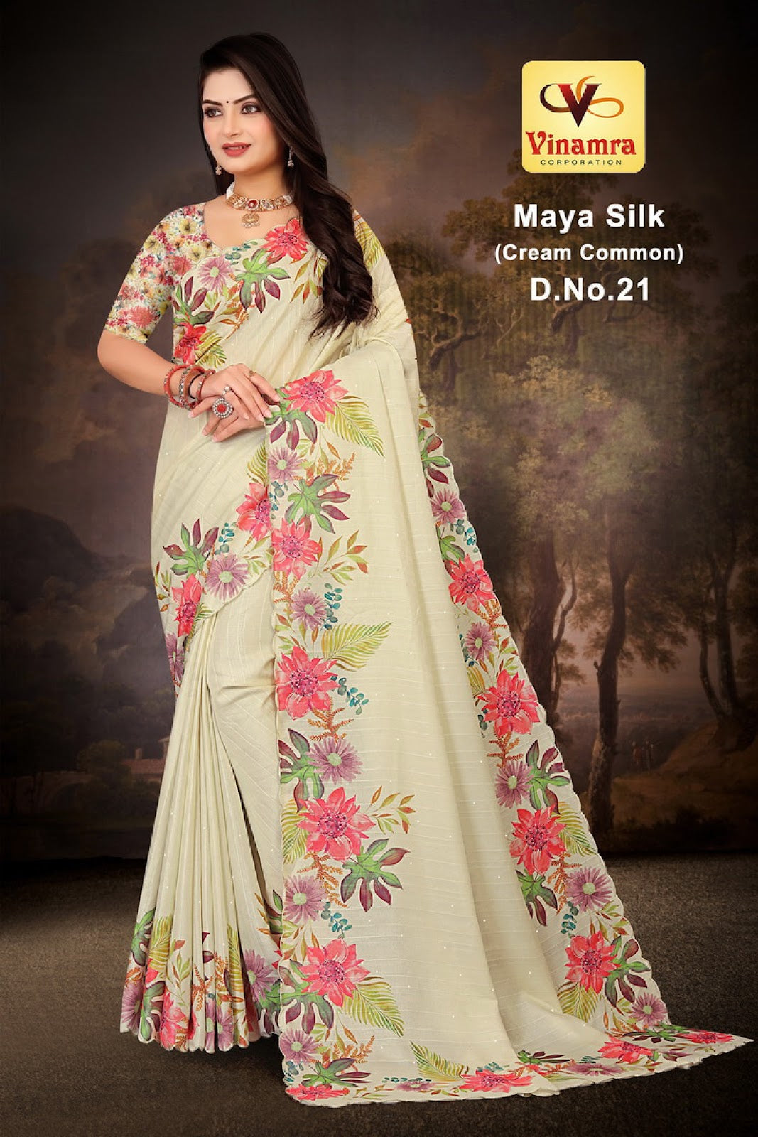 Maya Silk Cream Vinamra Cotton Silk Sarees Exporter India