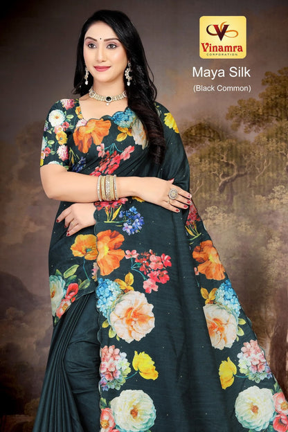 Maya Silk Black Vinamra Cotton Silk Sarees Wholesaler India