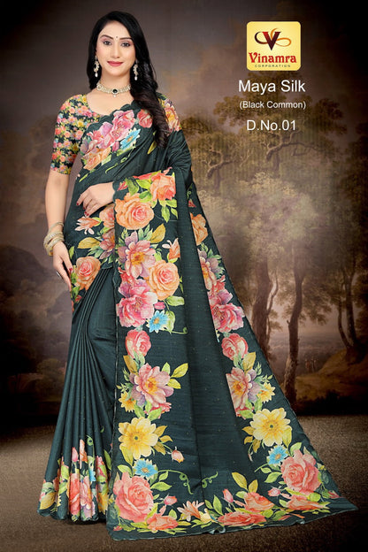 Maya Silk Black Vinamra Cotton Silk Sarees Wholesaler India