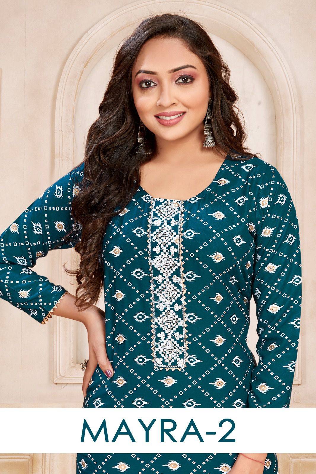 मायरा-2 संगीत रेयॉन घुटने तक की लंबाई वाली कुर्तियां