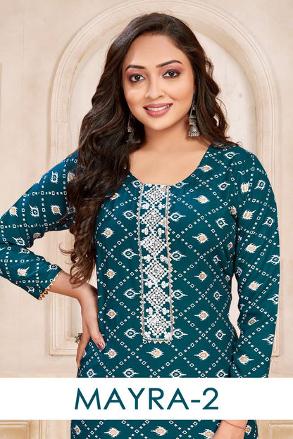 मायरा-2 संगीत रेयॉन घुटने तक की लंबाई वाली कुर्तियां