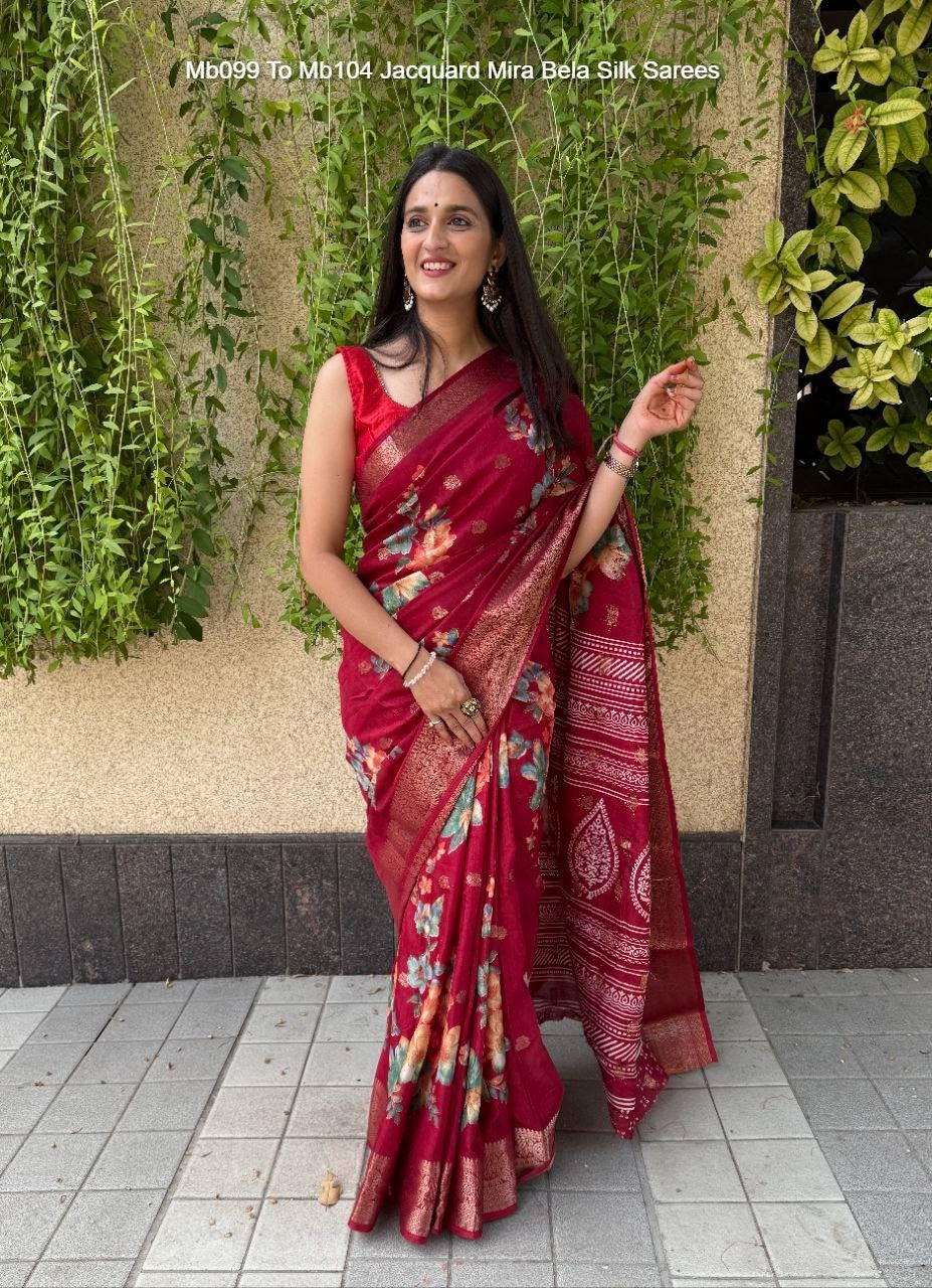 Mb099 To Mb104 Jacquard Mira Bela Dola Silk Sarees Exporter