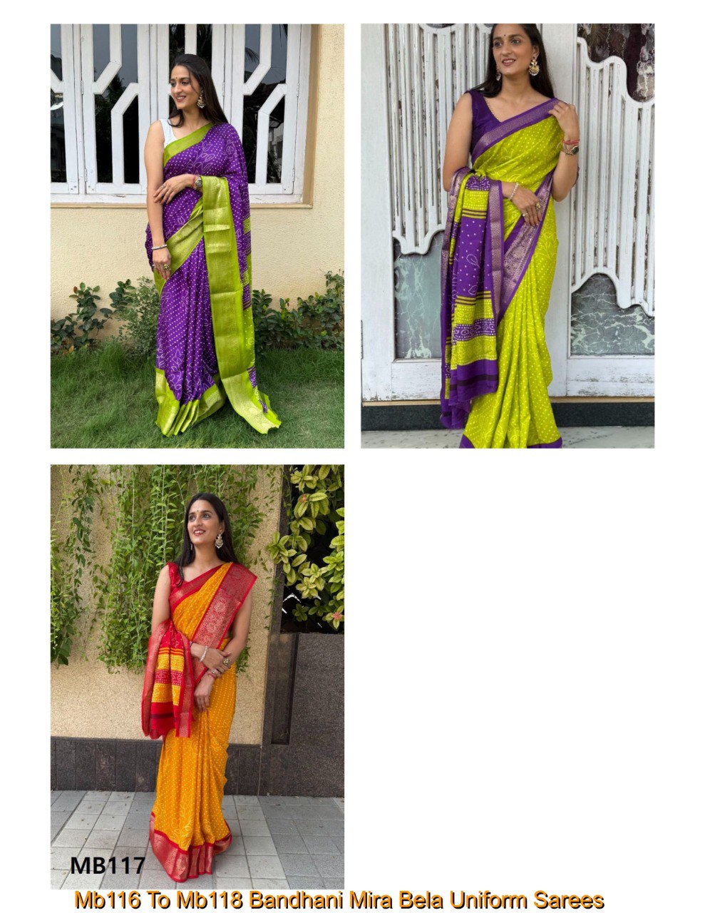 Mb116 To Mb118 Bandhani Mira Bela Crepe Silk Uniform Sarees Manufacturer