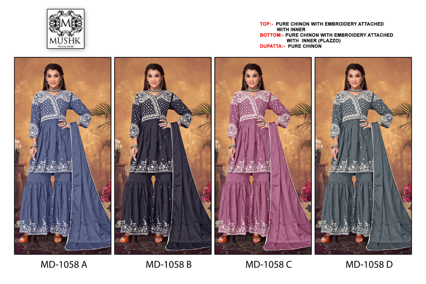 Md 1058 Mushk Chinon Pakistani Readymade Suits Wholesale Rate