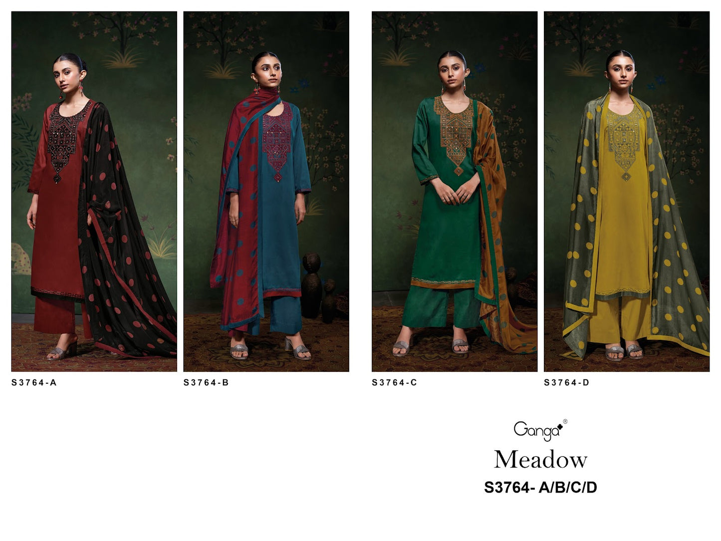Meadow 3764 Ganga Cotton Satin Plazzo Style Suits Wholesaler Gujarat
