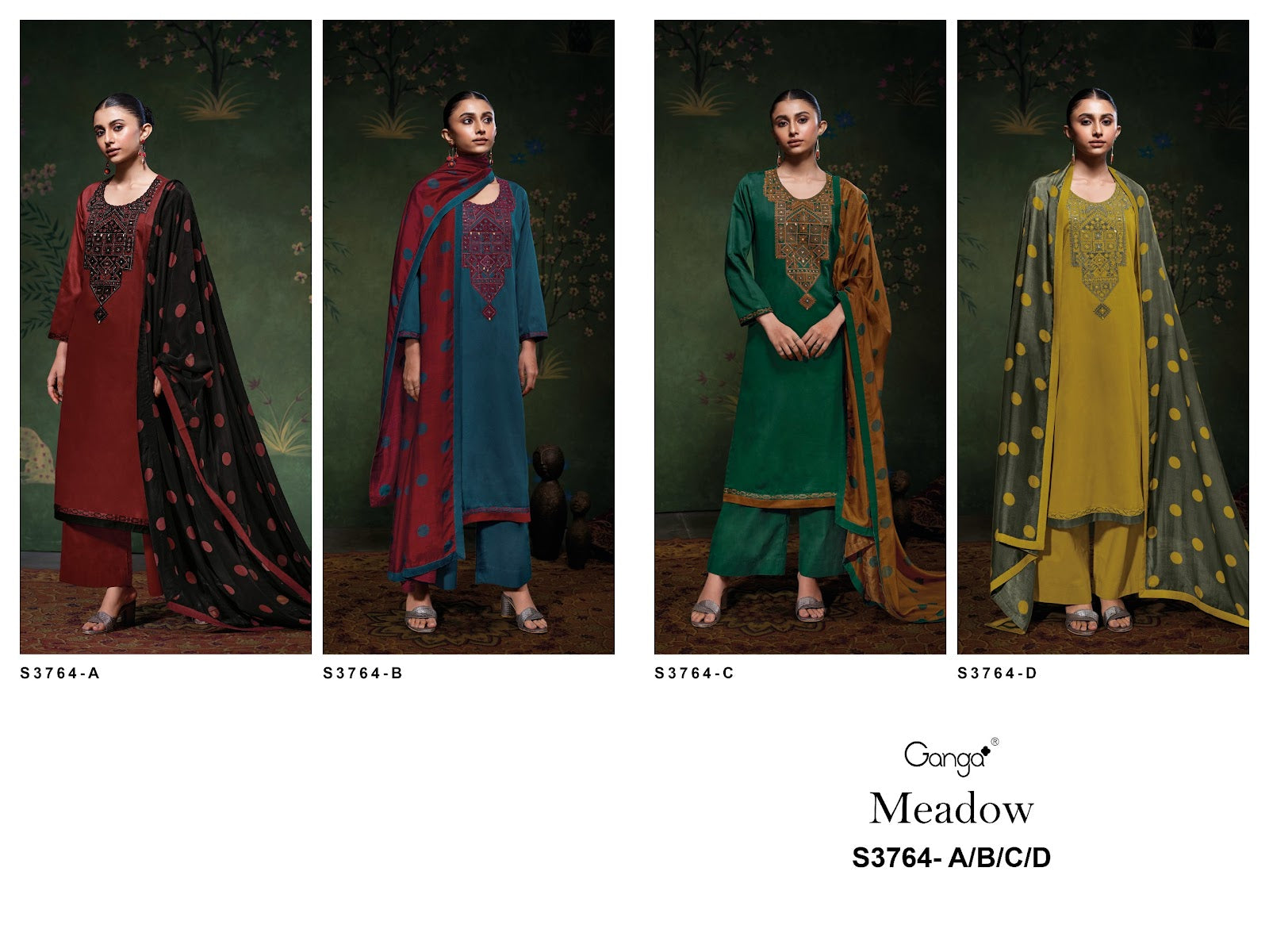 Meadow 3764 Ganga Cotton Satin Plazzo Style Suits Wholesaler Gujarat