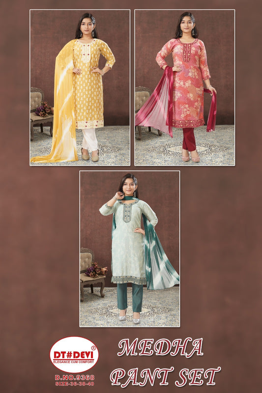 Medha Dn 9368 Dt Devi Roman Silk Girls Readymade Pant Suits Exporter Gujarat