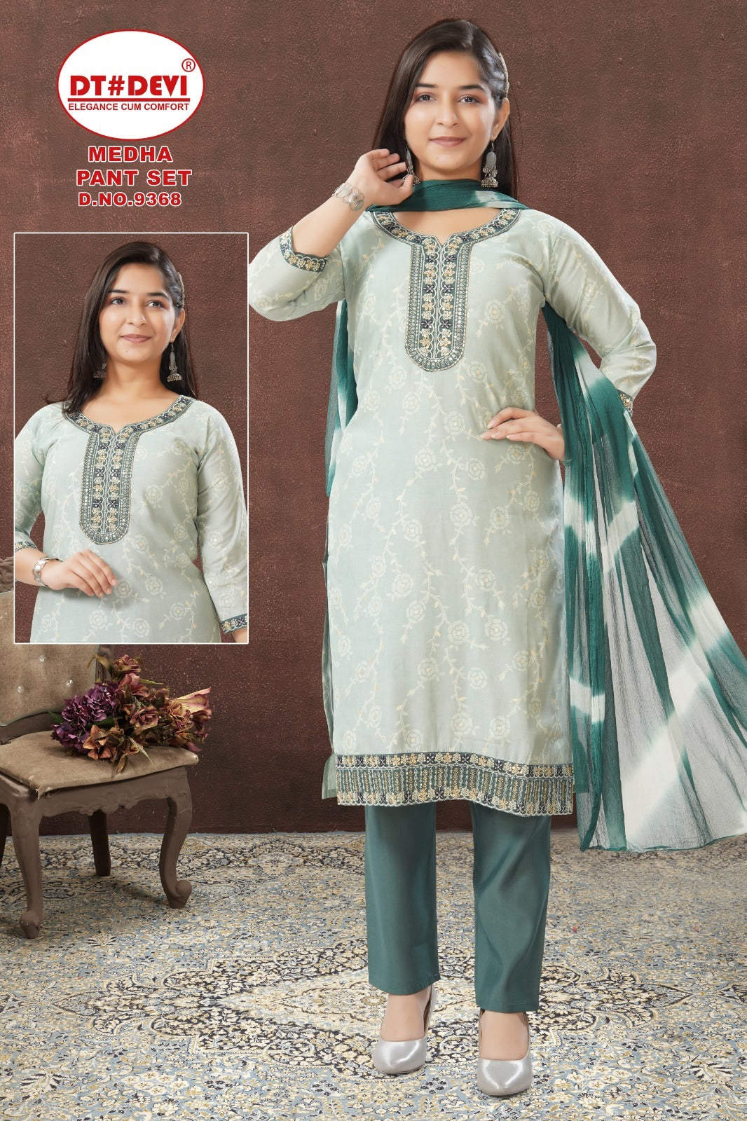 Medha Dn 9368 Dt Devi Roman Silk Girls Readymade Pant Suits Exporter Gujarat