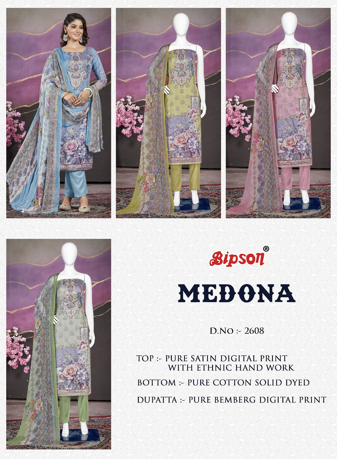 Medona 2608 Bipson Prints Satin Pant Style Suits