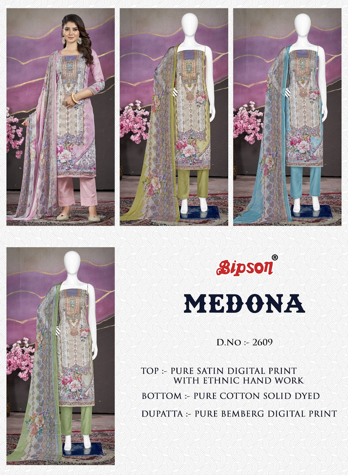 Medona 2609 Bipson Prints Satin Pant Style Suits