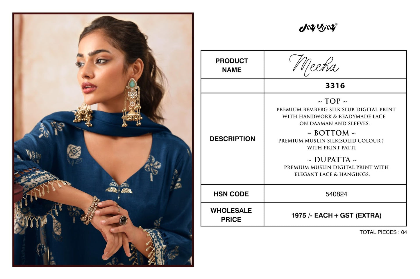 Meeha 3316 Jay Vijay Bemberg Silk Pant Style Suits Wholesaler