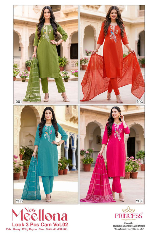 Meellona Vol 2 Princess Creation Rayon 22Kg Readymade Pant Style Suits Wholesale Price