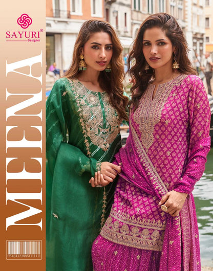 Meena Sayuri Chinon Silk Readymade Plazzo Style Suits Exporter Gujarat