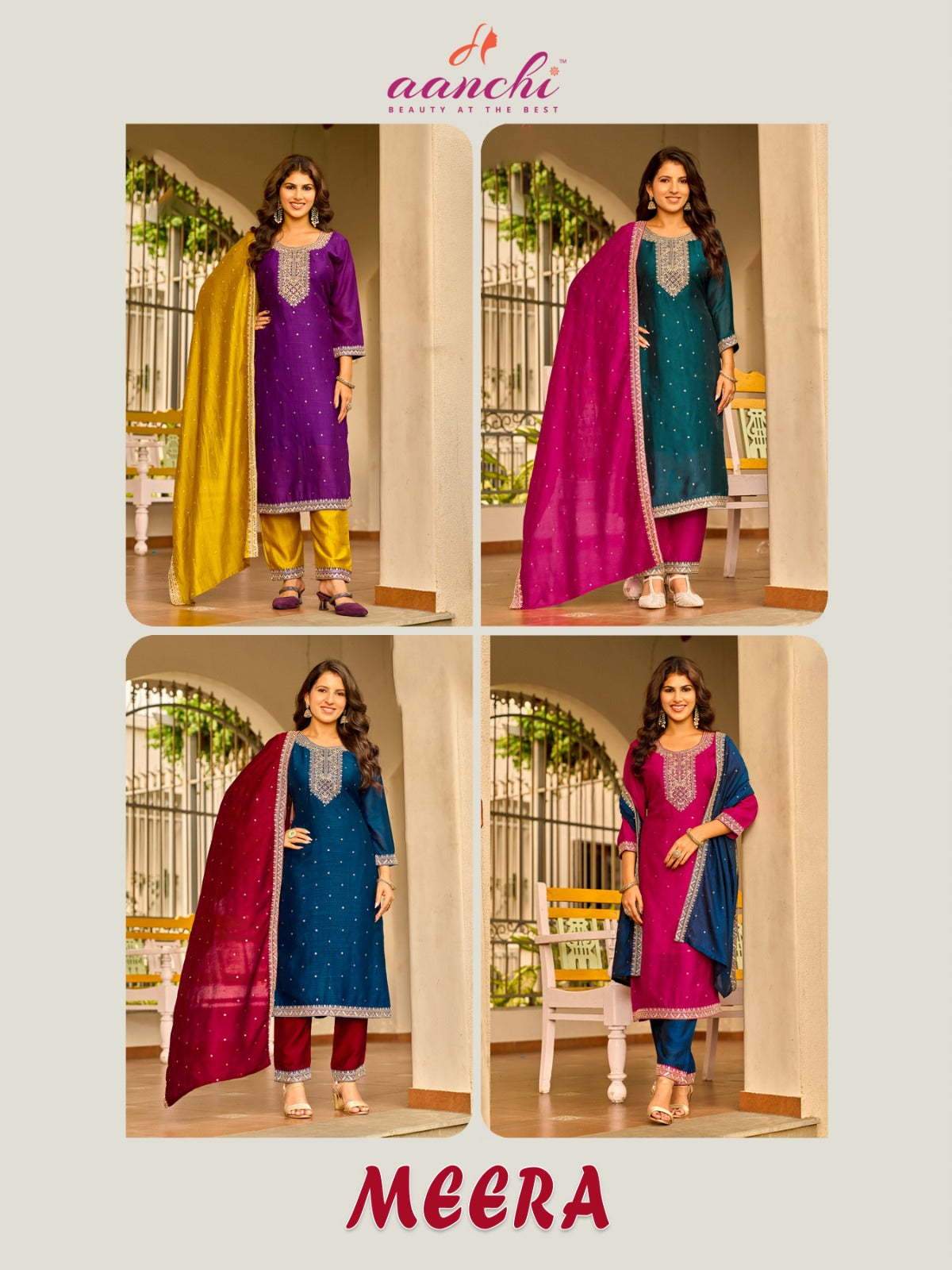 Meera Aanchi Vichitra Silk Readymade Pant Style Suits Wholesale Price