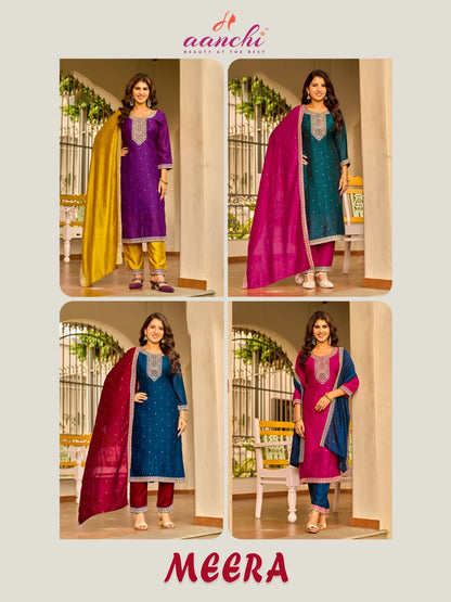 Meera Aanchi Vichitra Silk Readymade Pant Style Suits Wholesale Price