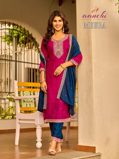 Meera Aanchi Vichitra Silk Readymade Pant Style Suits Wholesale Price