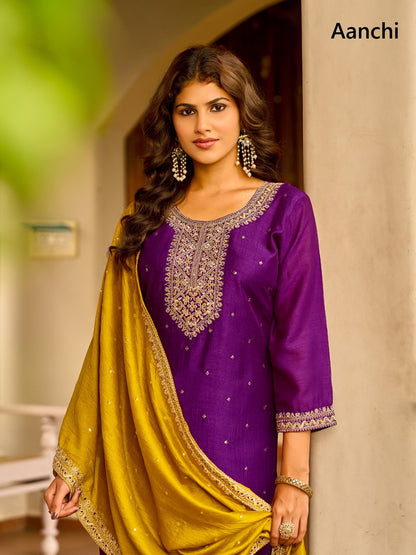 Meera Aanchi Vichitra Silk Readymade Pant Style Suits Wholesale Price