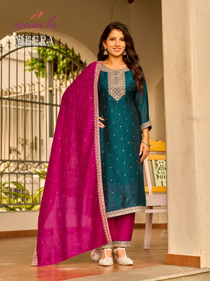 Meera Aanchi Vichitra Silk Readymade Pant Style Suits Wholesale Price