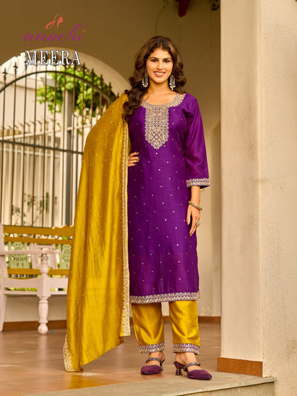 Meera Aanchi Vichitra Silk Readymade Pant Style Suits Wholesale Price
