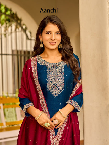 Meera Aanchi Vichitra Silk Readymade Pant Style Suits Wholesale Price