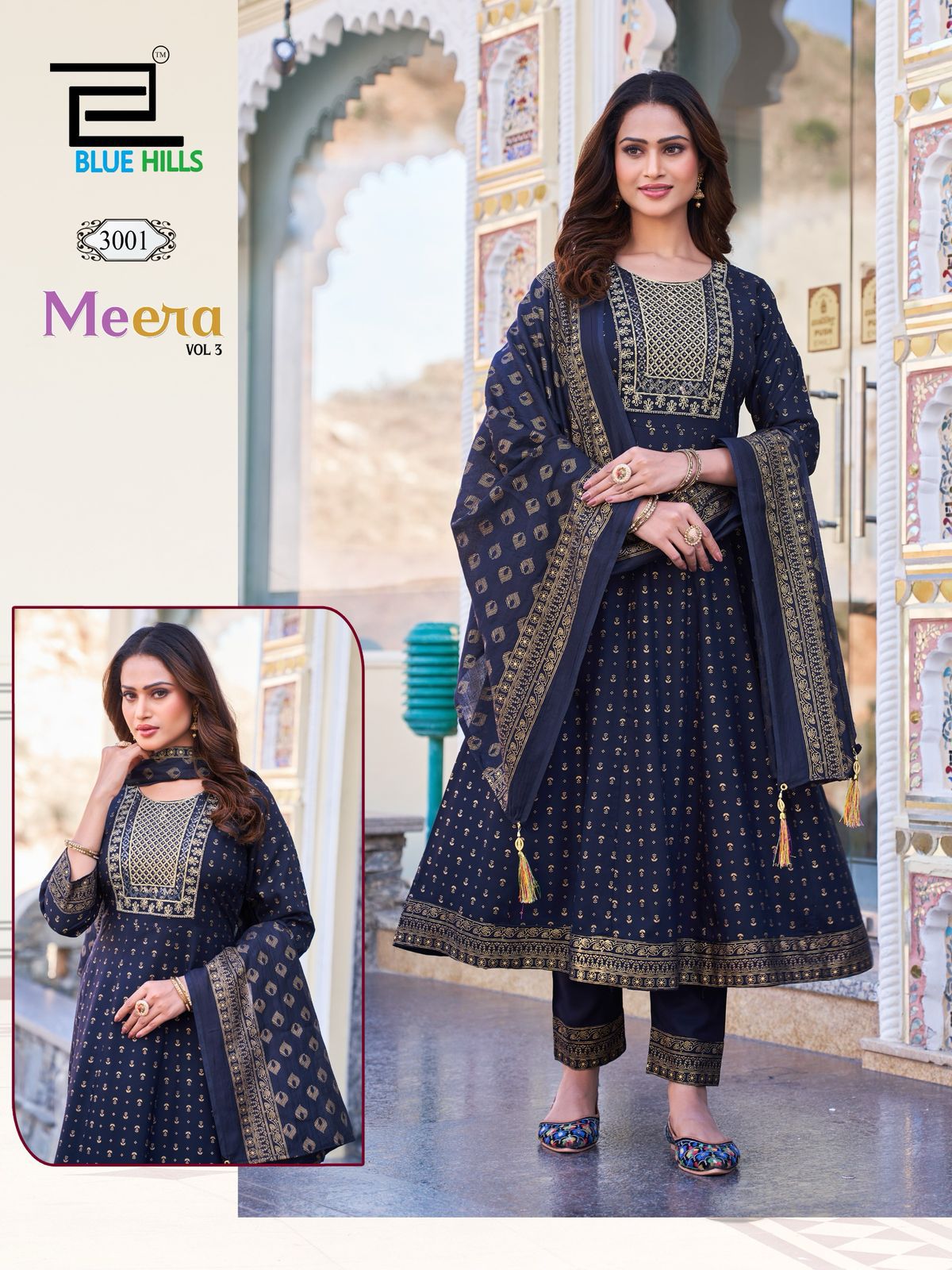 Meera Vol 3 Nx Blue Hills Rayon Foil Readymade Anarkali Suits Supplier